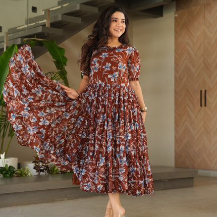 Jyoti Fashion Women's Brown Faux Georgette Printed Long Designer Anarkali Set