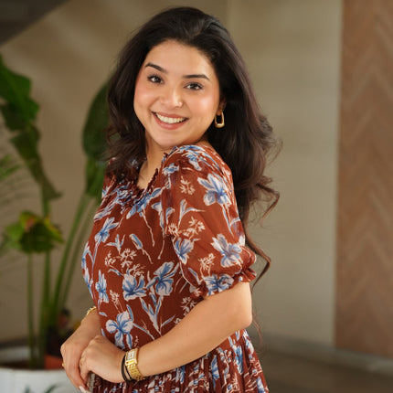 Jyoti Fashion Women's Brown Faux Georgette Printed Long Designer Anarkali Set