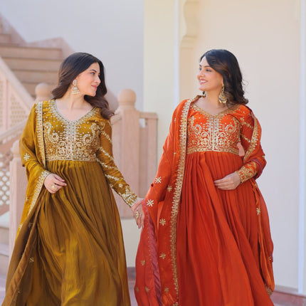 Jyoti Fashion Women's Mehendi & Fanta Fendi Sequins & Zari Embroidered Anarkali Combo Set With Dupatta