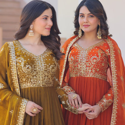 Jyoti Fashion Women's Mehendi & Fanta Fendi Sequins & Zari Embroidered Anarkali Combo Set With Dupatta