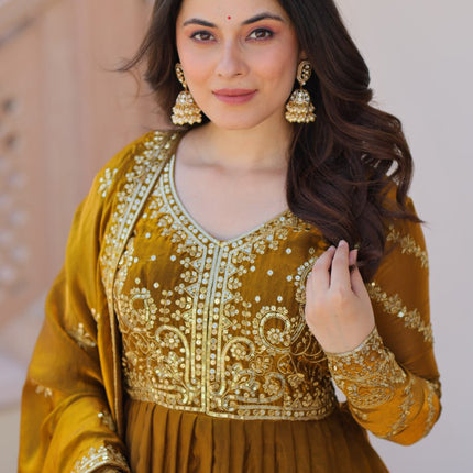 Jyoti Fashion Women's Mehendi Fendi Sequins & Zari Embroidered Anarkali Set With Dupatta