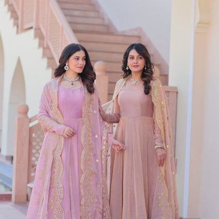 Jyoti Fashion Women's Lavender & Peach Fendi Chiffon Anarkali Combo Set With Dupatta