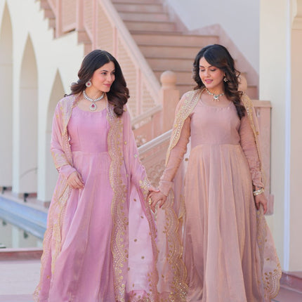 Jyoti Fashion Women's Lavender & Peach Fendi Chiffon Anarkali Combo Set With Dupatta