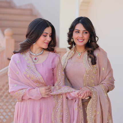 Jyoti Fashion Women's Lavender & Peach Fendi Chiffon Anarkali Combo Set With Dupatta