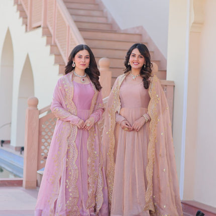 Jyoti Fashion Women's Lavender & Peach Fendi Chiffon Anarkali Combo Set With Dupatta