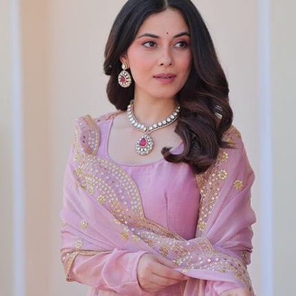 Jyoti Fashion Women's Lavender Fendi Chiffon Designer Anarkali Set With Dupatta