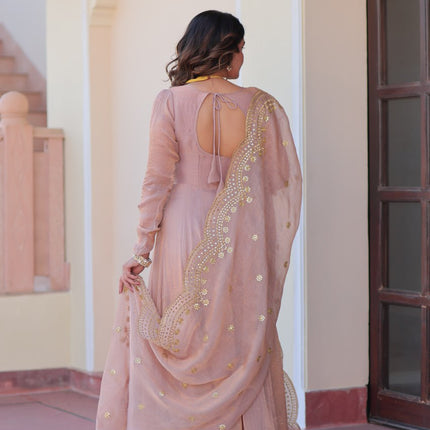 Jyoti Fashion Women's Peach Fendi Chiffon Designer Anarkali Set With Dupatta