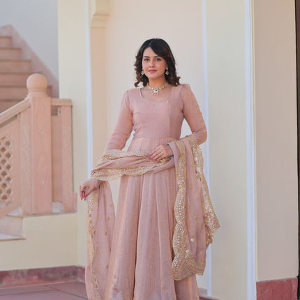 Jyoti Fashion Women's Peach Fendi Chiffon Designer Anarkali Set With Dupatta