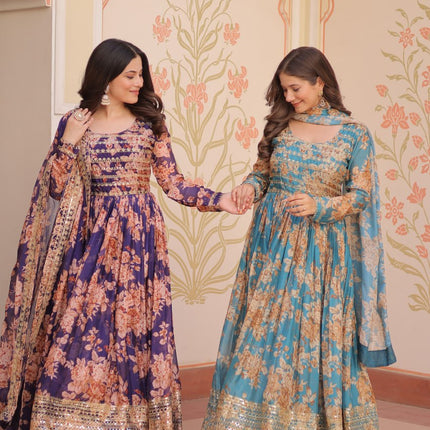 Jyoti Fashion Women's Sky Blue & Purple Russian Silk Digital Print with Sequins Embroidered Anarkali Combo Set With Dupatta
