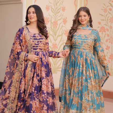 Jyoti Fashion Women's Sky Blue & Purple Russian Silk Digital Print with Sequins Embroidered Anarkali Combo Set With Dupatta