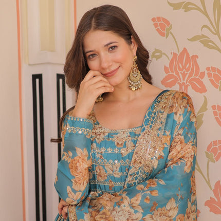 Jyoti Fashion Women's Sky Blue Russian Silk Digital Print with Sequins Embroidered Anarkali Set With Dupatta