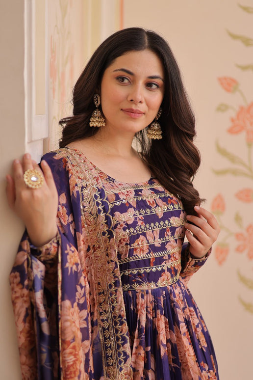 Jyoti Fashion Women's Purple Russian Silk Digital Print with Sequins Embroidered Anarkali Set With Dupatta