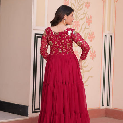 Jyoti Fashion Women's Rani Pink Faux Blooming Sequins & Zari Embroidered Long Designer Anarkali Set