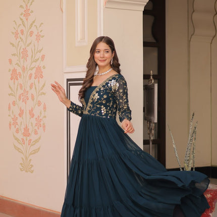 Jyoti Fashion Women's Teal Faux Blooming Sequins & Zari Embroidered Long Designer Anarkali Set