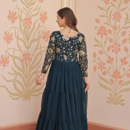 Jyoti Fashion Women's Teal Faux Blooming Sequins & Zari Embroidered Long Designer Anarkali Set