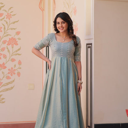 Jyoti Fashion Women's Sky Blue Fendi Embroidered Long Designer Anarkali Set