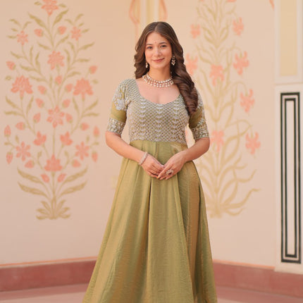 Jyoti Fashion Women's Mehendi Fendi Embroidered Long Designer Anarkali Set