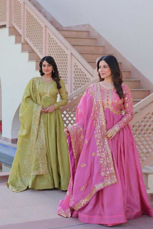 Jyoti Fashion Women's Mehendi & Pink Gold Crush Sequins with Multy Embroidered Anarkali Combo Set With Dupatta