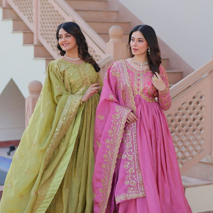 Jyoti Fashion Women's Mehendi & Pink Gold Crush Sequins with Multy Embroidered Anarkali Combo Set With Dupatta