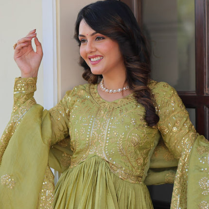 Jyoti Fashion Women's Mehendi Gold Crush Sequins with Multy Embroidered Anarkali Set With Dupatta