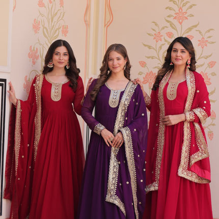 Jyoti Fashion Women's Maroon, Purple & Rani Faux Blooming Sequins & Zari Embroidered Combo Anarkali Set With Dupatta