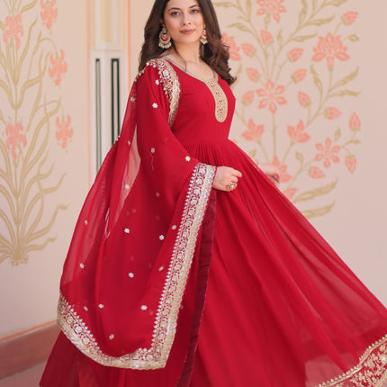 Jyoti Fashion Women's Maroon Faux Blooming Sequins & Zari Embroidered Anarkali Set With Dupatta