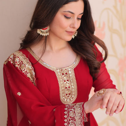 Jyoti Fashion Women's Maroon Faux Blooming Sequins & Zari Embroidered Anarkali Set With Dupatta