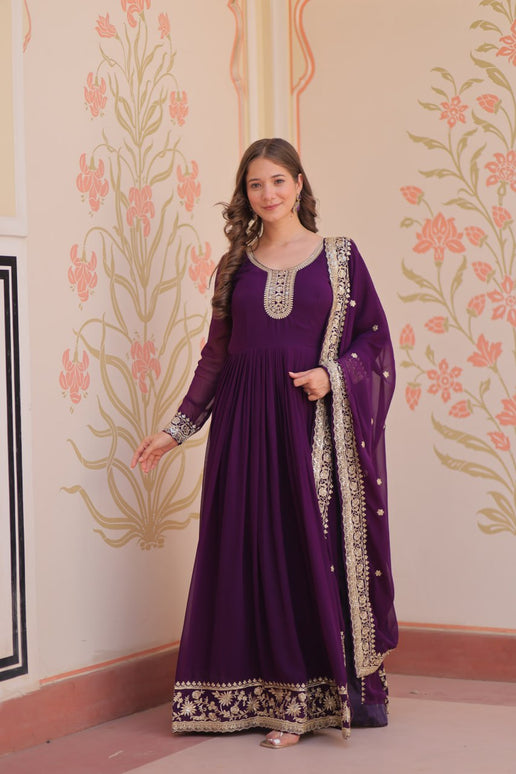 Jyoti Fashion Women's Purple Faux Blooming Sequins & Zari Embroidered Anarkali Set With Dupatta