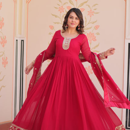 Jyoti Fashion Women's Rani Pink Faux Blooming Sequins & Zari Embroidered Anarkali Set With Dupatta