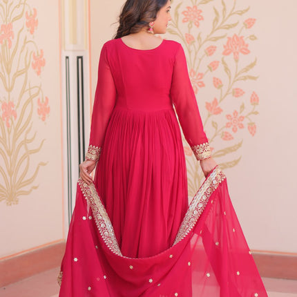 Jyoti Fashion Women's Rani Pink Faux Blooming Sequins & Zari Embroidered Anarkali Set With Dupatta