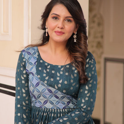 Jyoti Fashion Women's Teal Jacquard Weaving Long Designer Anarkali Set