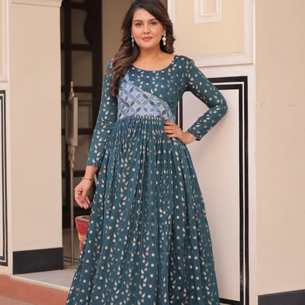 Jyoti Fashion Women's Teal Jacquard Weaving Long Designer Anarkali Set