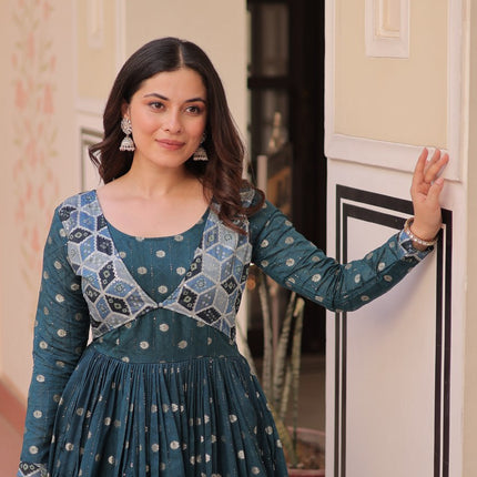 Jyoti Fashion Women's Teal Staple Jacquard Weaving Long Designer Anarkali Set