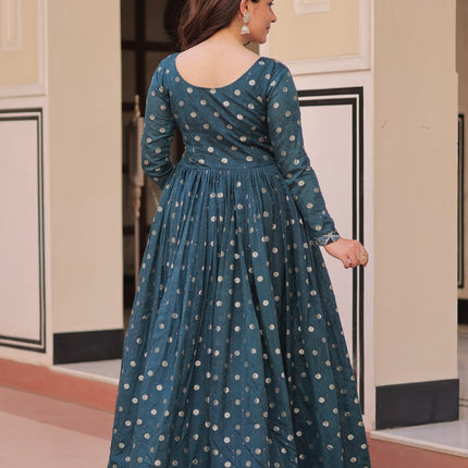 Jyoti Fashion Women's Teal Staple Jacquard Weaving Long Designer Anarkali Set