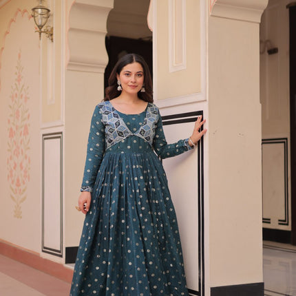 Jyoti Fashion Women's Teal Staple Jacquard Weaving Long Designer Anarkali Set