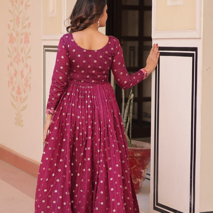 Jyoti Fashion Women's Wine Staple Jacquard Weaving Long Designer Anarkali Set