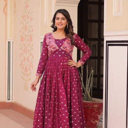 Jyoti Fashion Women's Wine Staple Jacquard Weaving Long Designer Anarkali Set