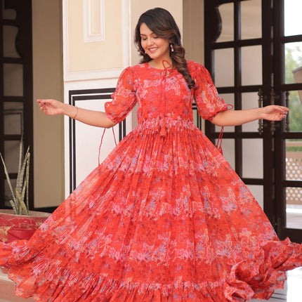 Jyoti Fashion Women's Red Faux Georgette Printed Long Designer Anarkali Set