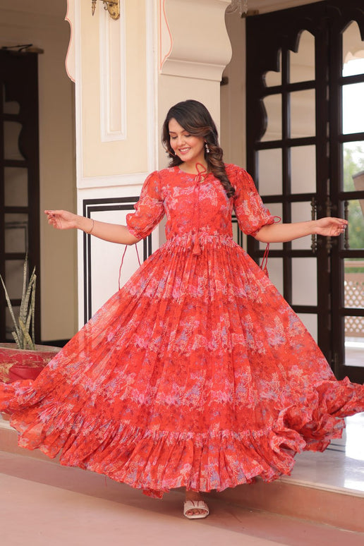 Jyoti Fashion Women's Red Faux Georgette Printed Long Designer Anarkali Set