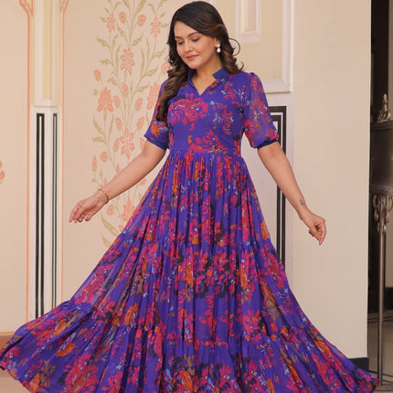 Jyoti Fashion Women's Purple Faux Georgette Printed Long Designer Anarkali Set
