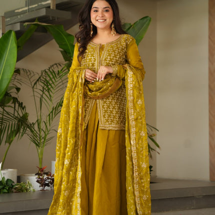 Jyoti Fashion Women's Mehendi Fendi Rich Beads Embroidered Sharara Set with Dupatta