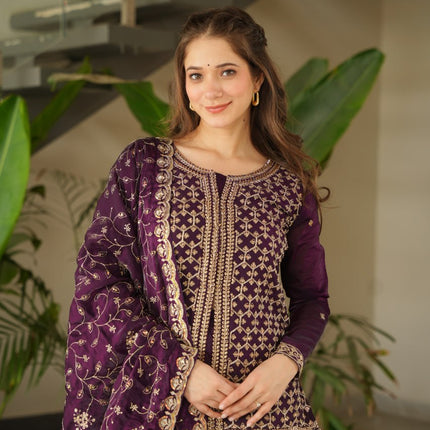 Jyoti Fashion Women's Wine Fendi Rich Beads Embroidered Sharara Set with Dupatta