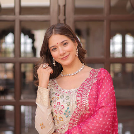 Jyoti Fashion Women's Pink Cosmos Jacquard Pearl Beads Embroidered Anarkali Set With Dupatta