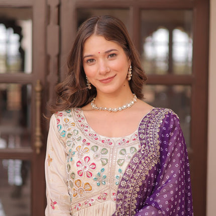 Jyoti Fashion Women's Purple Cosmos Jacquard Pearl Beads Embroidered Anarkali Set With Dupatta