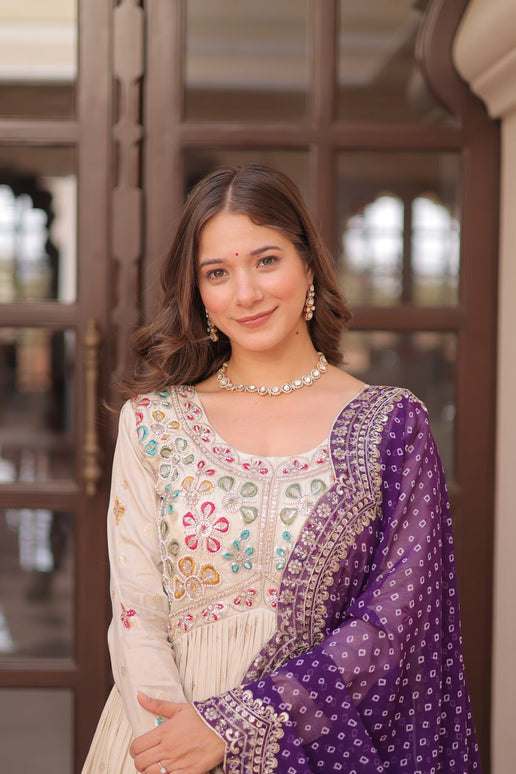 Jyoti Fashion Women's Purple Cosmos Jacquard Pearl Beads Embroidered Anarkali Set With Dupatta