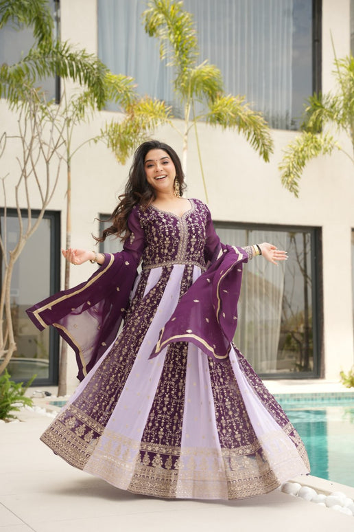 Jyoti Fashion Women's Purple Faux Blooming Zari & Sequins Embroidered Anarkali Set With Dupatta