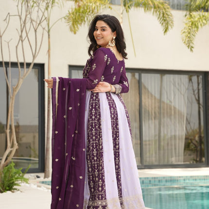 Jyoti Fashion Women's Purple Faux Blooming Zari & Sequins Embroidered Anarkali Set With Dupatta