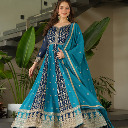 Jyoti Fashion Women's Blue Faux Blooming Zari & Sequins Embroidered Anarkali Set With Dupatta