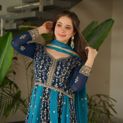 Jyoti Fashion Women's Blue Faux Blooming Zari & Sequins Embroidered Anarkali Set With Dupatta