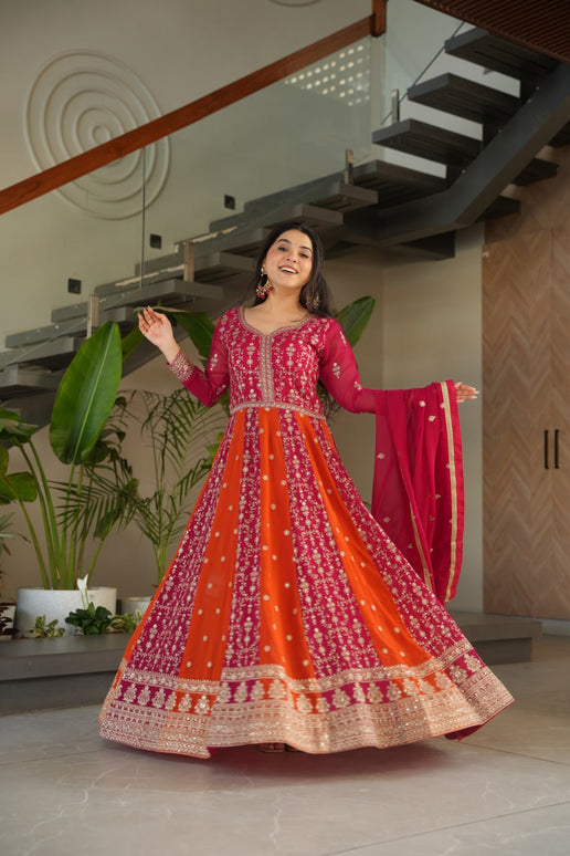 Jyoti Fashion Women's Rani Pink Faux Blooming Zari & Sequins Embroidered Anarkali Set With Dupatta